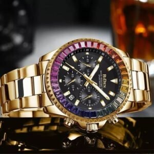 BIDEN Luxury Gold Watch Men 3ATM Classic Gold Blue Chrono Casual Men's Wristwatch