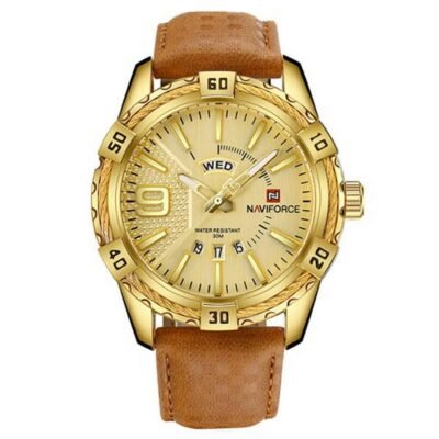 Brown PU Leather Analog Watch For Men - Golden & Brown