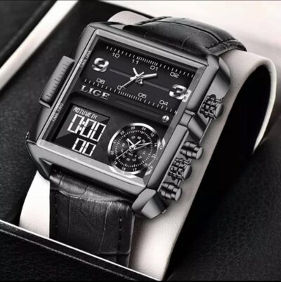 LIGE Original Three Times Luxury Unique Style Analogue Digital Square Quartz Watch For Men