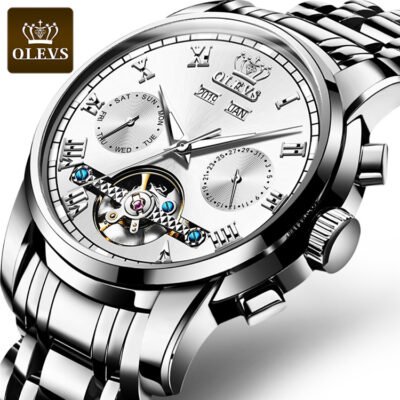 Men's OLEVS Automatic Mechanical Multifunction With Waterproof Watch Silver