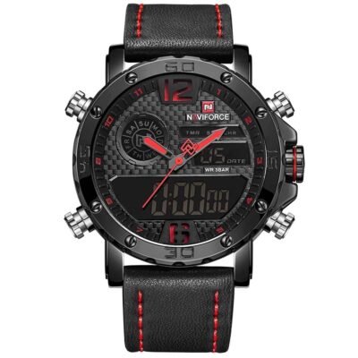NAVIFORCE Black PU Dual Time Wrist Watch For Men- Black & Red