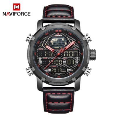 NAVIFORCE Black PU Leather Dual Time Wrist Watch For Men - Red & Black