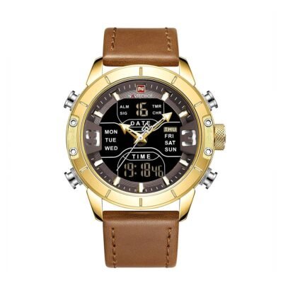 NAVIFORCE Brown PU Leather Dual Time Wrist Watch For Men - Golden And Brown