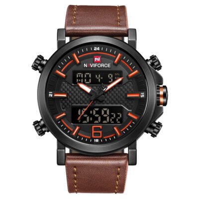 NAVIFORCE Chocolate PU Leather Dual Time Wrist Watch For Men - Orange & Chocolate