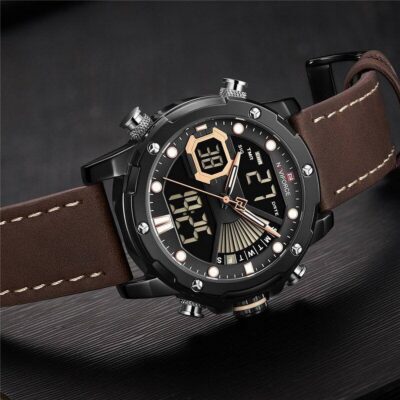 NAVIFORCE Dark Brown PU Leather Dual Time Wrist Watch For Men - Black & Dark Brown