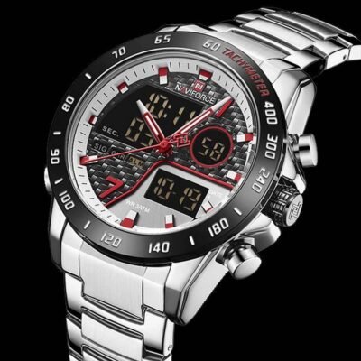 NAVIFORCE Silver Stainless Steel Dual Wrist Watch For Men - Black & Silver