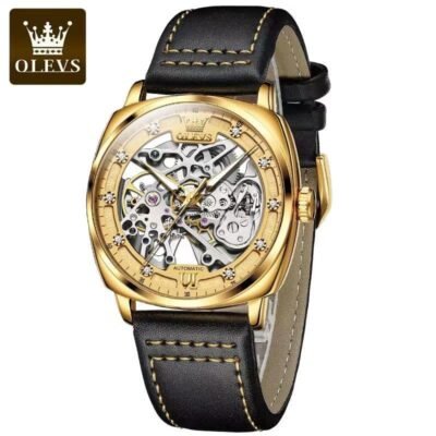 OLEVS MEN AUTOMATIC WATCH SQUARE VINTAGE SKELETON MECHANICAL DIAL LEATHER LUXURY BRAND WATCHES