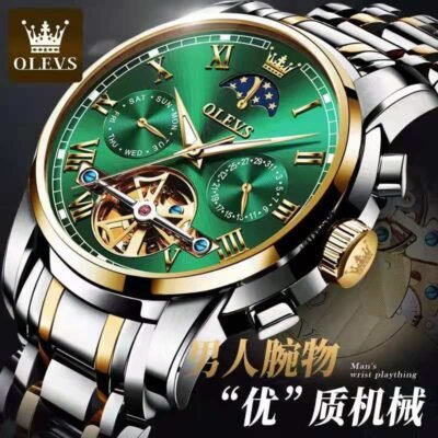 OLEVS Mechanical Men Watches Automatic Stainless Steel Waterproof Date Week Green Fashion Classic Wrist Watches