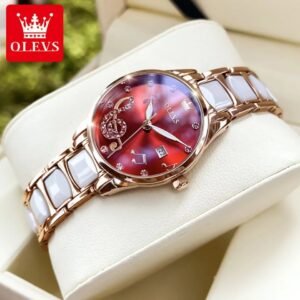 Olevs Rose Gold Ceramics Watchstrap Analog Wrist Watch For Women - Red & Rose Gold
