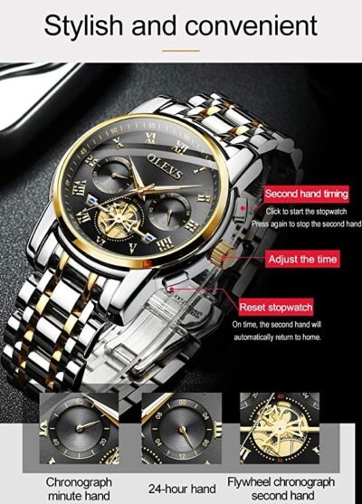 Olevs Chronograph With Tourbillion Watch For Men Silver Gold (Black)